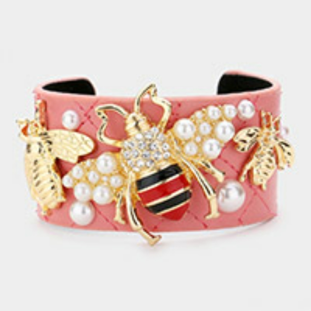 Barbie Pink Pearl Accent HoneyBee Rhinestone Crystal accent  Cuff Bracelet